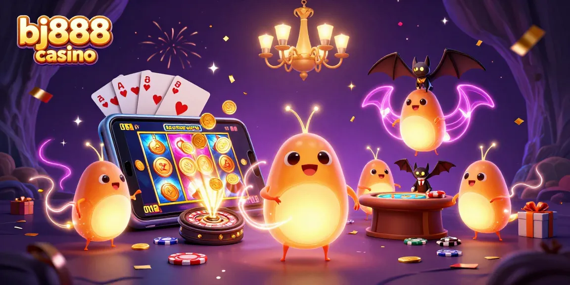 Experience the bj888 casino with glowing glowworms illuminating a vibrant online gaming scene.