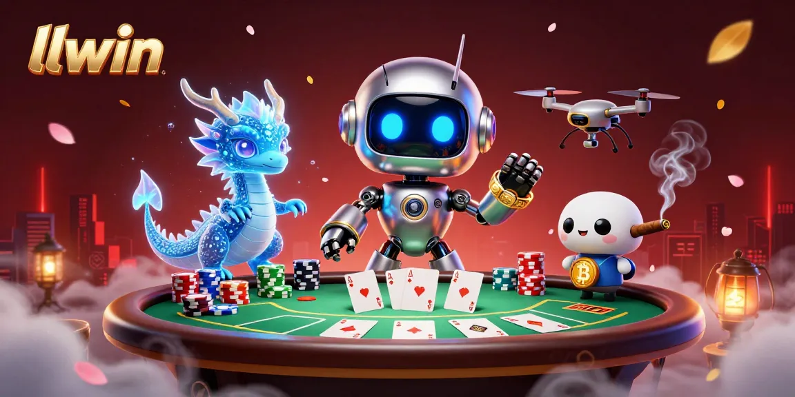 llwin showcases a vibrant casino scene with a cyberpunk robot and dragon during an exciting poker game.