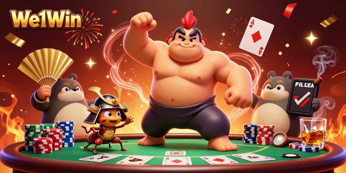 Experience exciting poker action with We1Win's dynamic casino scene featuring vibrant characters and game elements.
