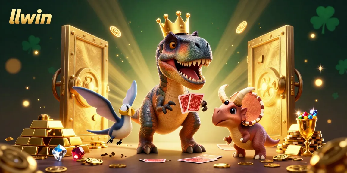 Join the fun at llwin casino with a friendly T-Rex and colorful game elements in a vibrant scene
