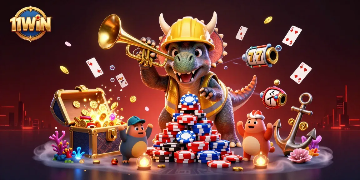 Exciting 11WIN scene showcasing a triceratops building poker chips among celebrations in a vibrant casino setting.