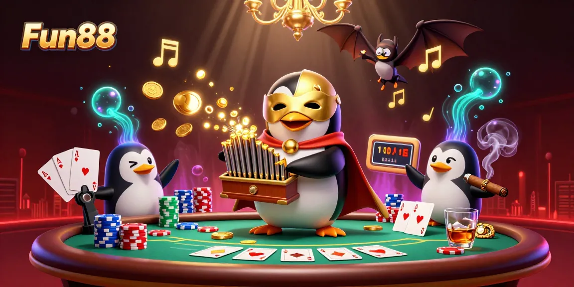 Experience thrilling gaming with Fun88 as the penguin plays the organ, surrounded by vibrant poker elements.