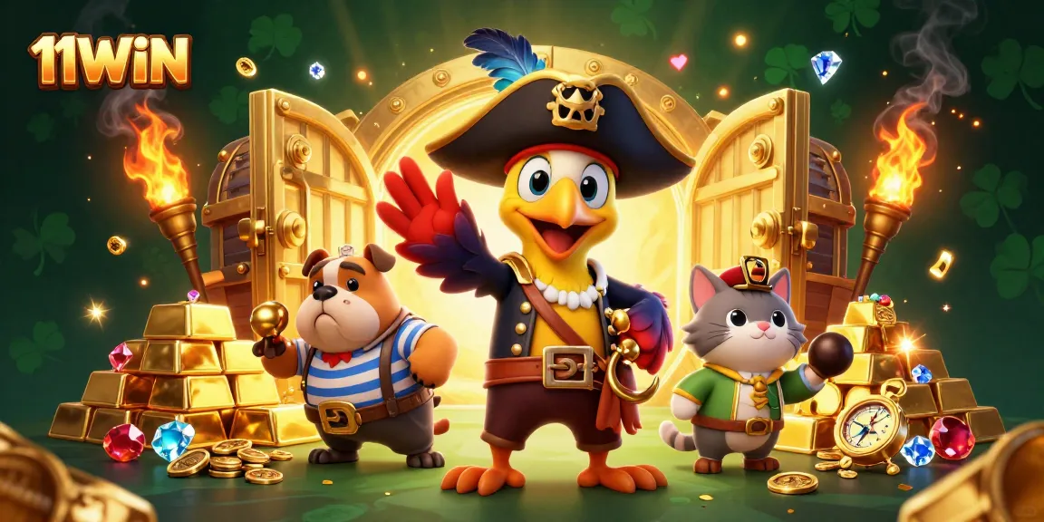 11WIN engages in thrilling casino action with a vibrant pirate-themed illustration rich in treasures.