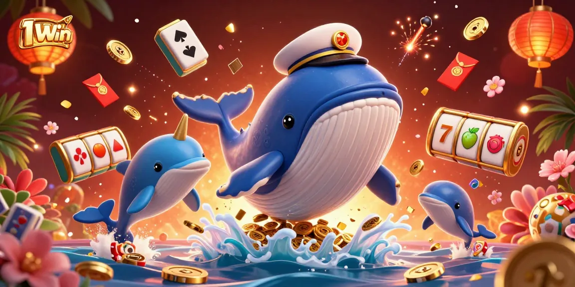 11WIN showcases a vibrant casino scene with a whale, narwhal, and dolphins amidst dynamic game elements.