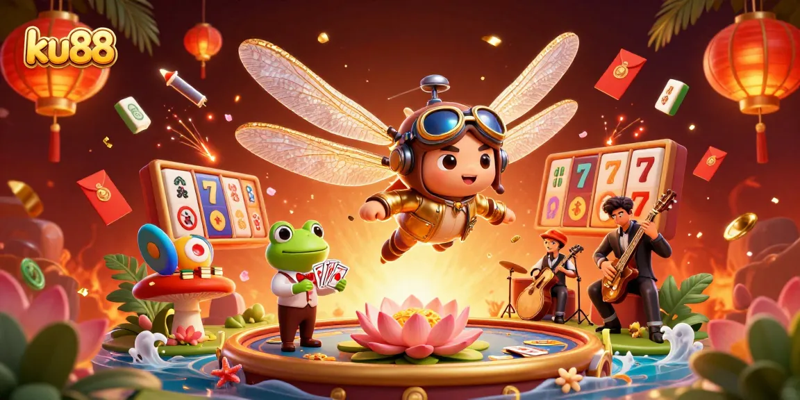 Engage with ku88's vibrant 3D casino scene featuring a dragonfly pilot and frog croupier.