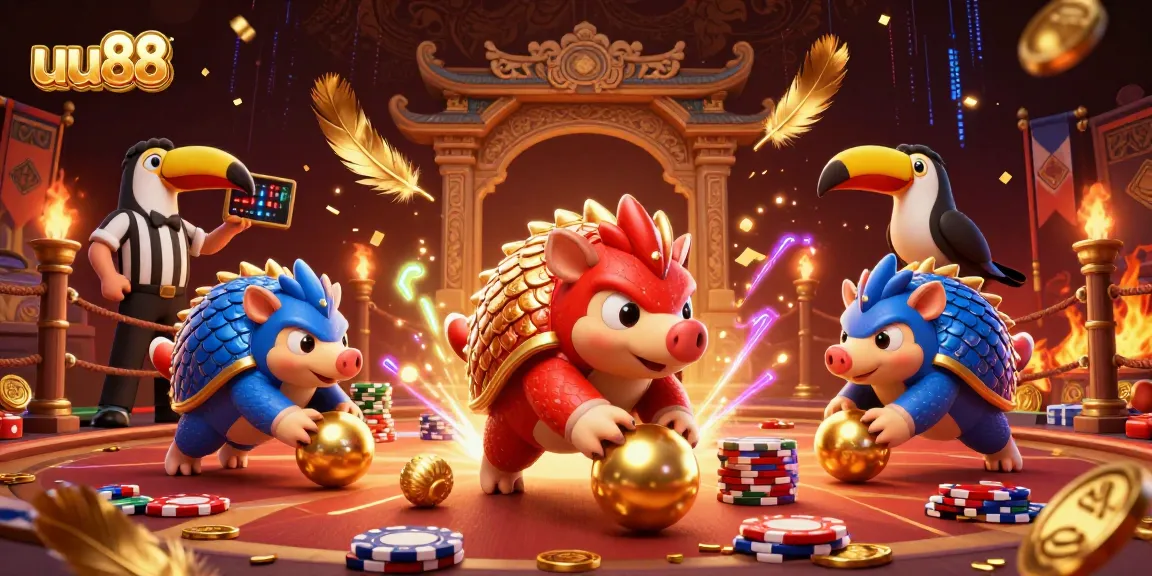 uu88 pangolins compete in a vibrant casino scene with poker chips and golden confetti