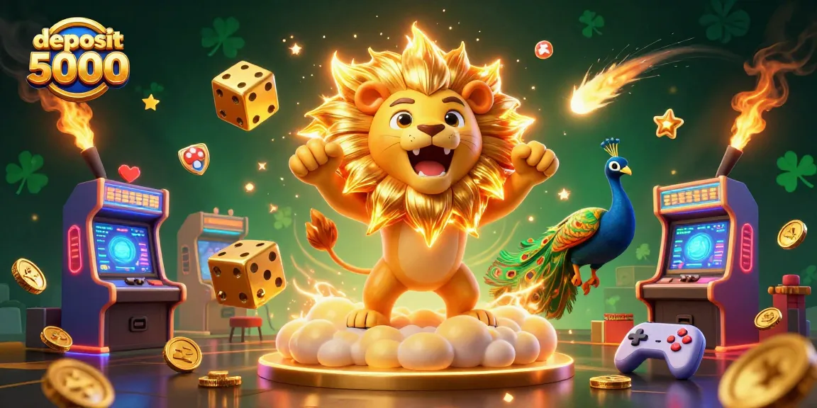 Win big at deposit 5000 with this vibrant 3D casino scene featuring a roaring lion and golden dice.