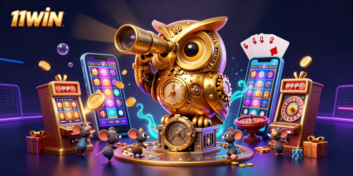 Win big at 11WIN with a dynamic casino-themed 3D illustration featuring vibrant game elements.