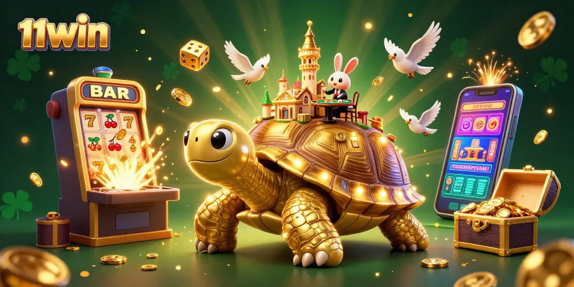Win big with 11WIN at a vibrant casino scene featuring a golden tortoise and exciting game elements.